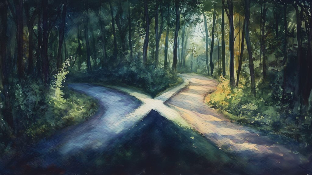Two roads diverging in a dense forest, one path covered in shadow, the other bathed in light, symbolic of a hard decision, watercolor, moody colors