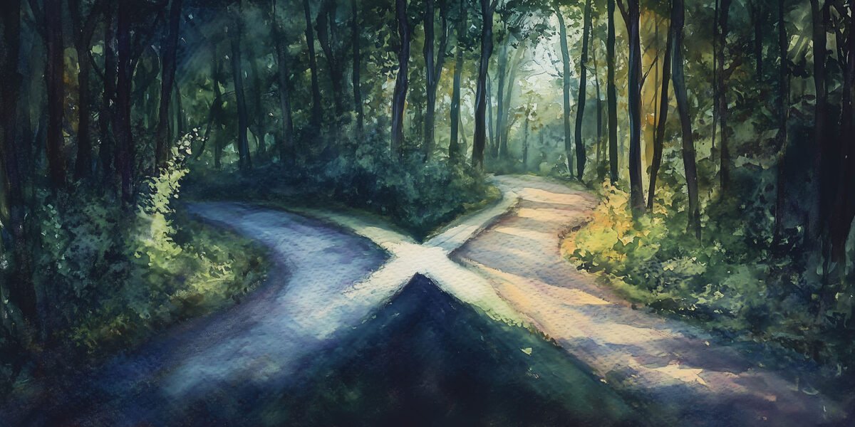Two roads diverging in a dense forest, one path covered in shadow, the other bathed in light, symbolic of a hard decision, watercolor, moody colors